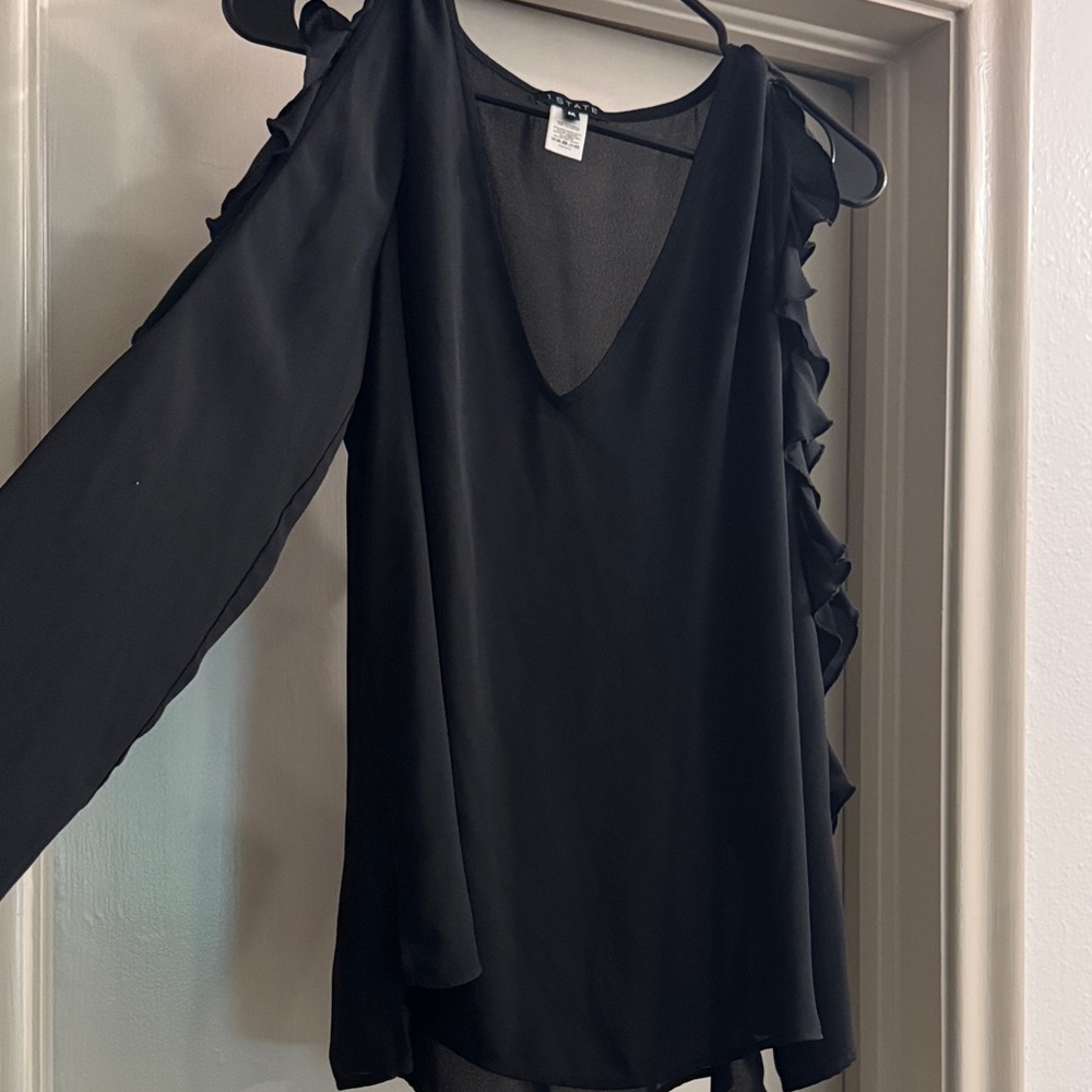 Black Cold Shoulder Ruffle Sleeve Women's Top